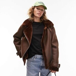 Topshop faux leather shearling aviator biker jacket in chocolate